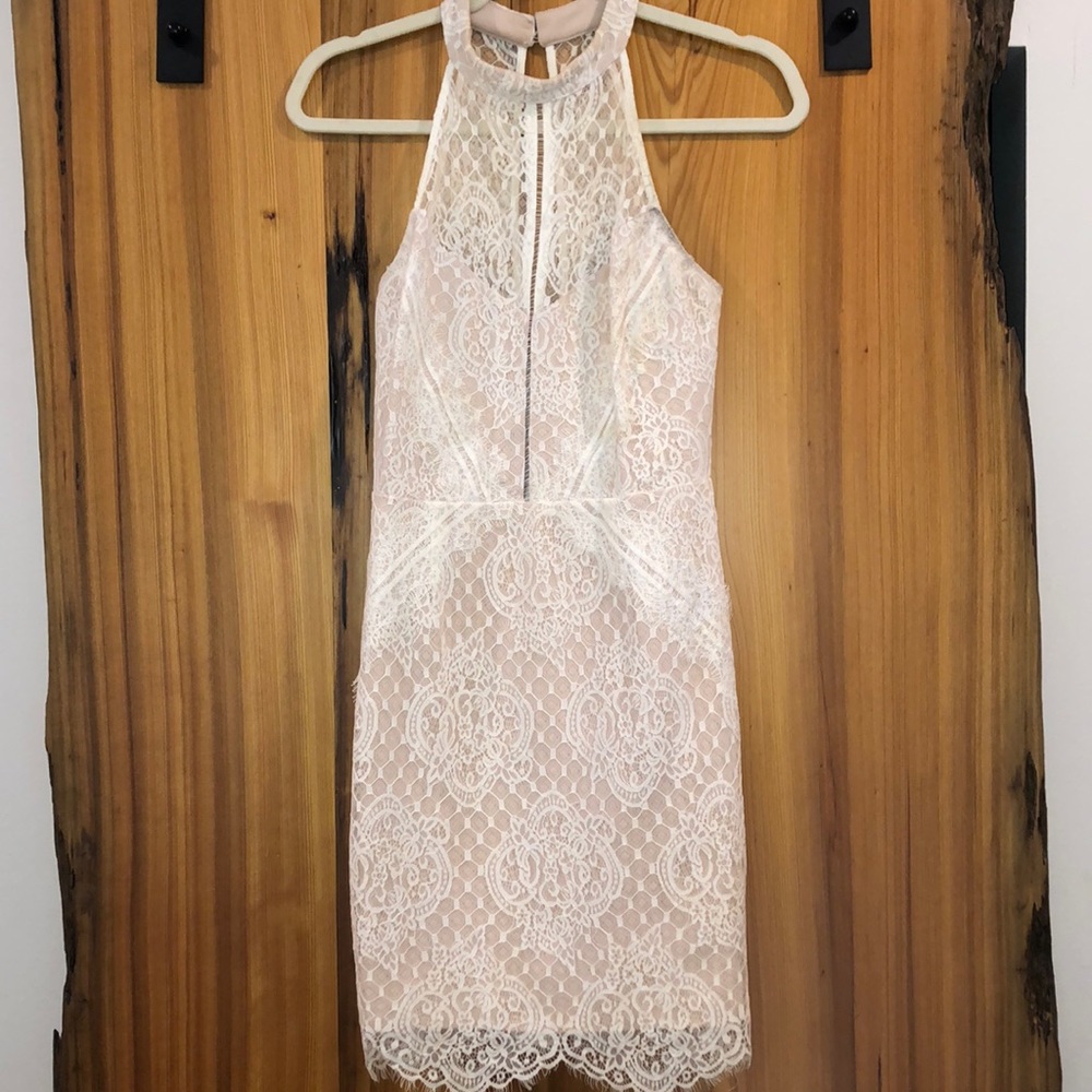 white lace high neck mini dress